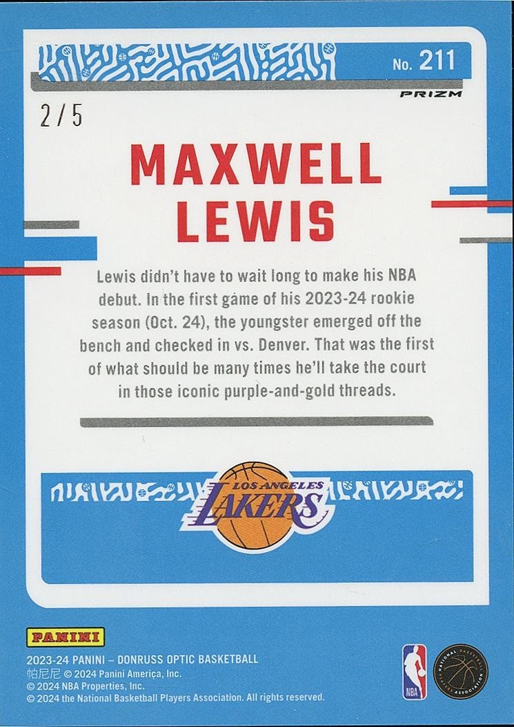 Maxwell Lewis 2023-24 Optic Rated Rookie Emerald Green Prizm RC LA Lakers 2/5