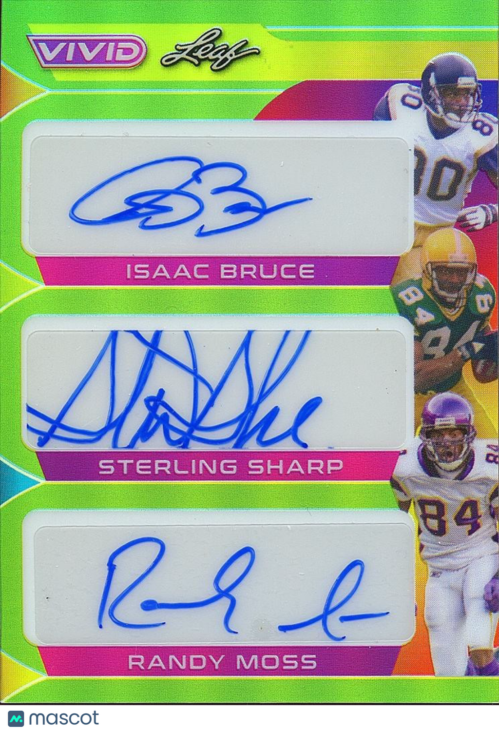 Randy Moss / Isaac Bruce / Sterling Sharpe Leaf Vivid Triple Auto Autograph 2/4