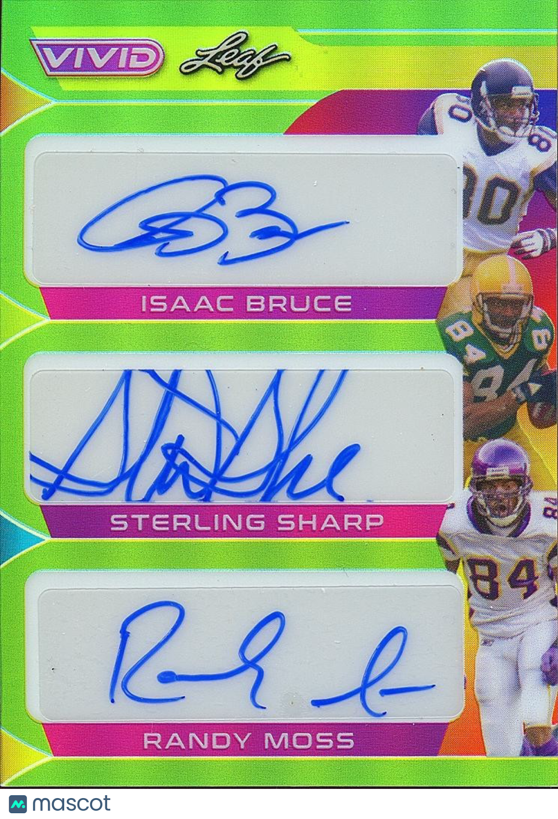 Randy Moss / Isaac Bruce / Sterling Sharpe Leaf Vivid Triple Auto Autograph 2/4