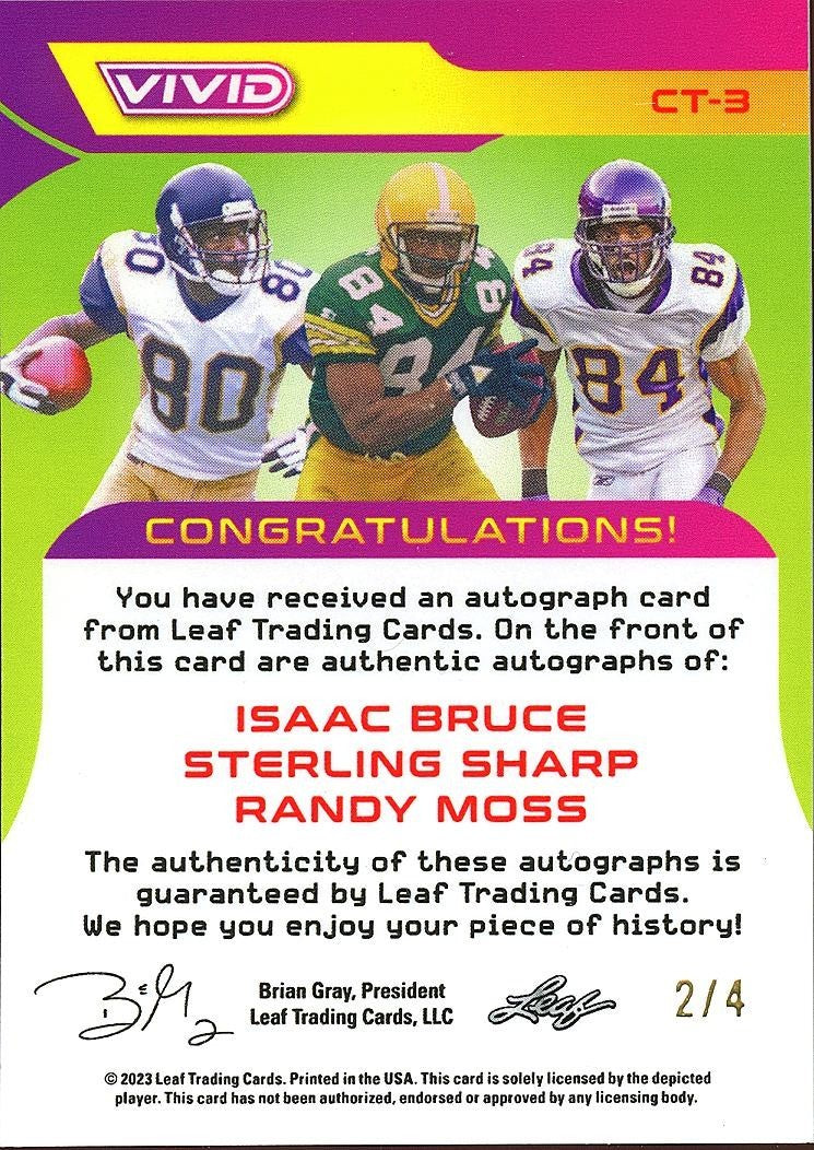 Randy Moss / Isaac Bruce / Sterling Sharpe Leaf Vivid Triple Auto Autograph 2/4