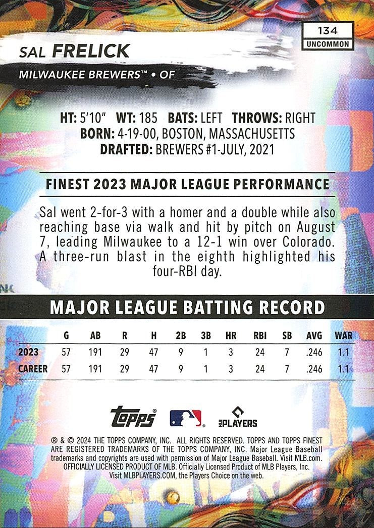 Sal Frelick 2024 Topps Finest RED Refractor Rookie RC Milwaukee Brewers #134 2/5
