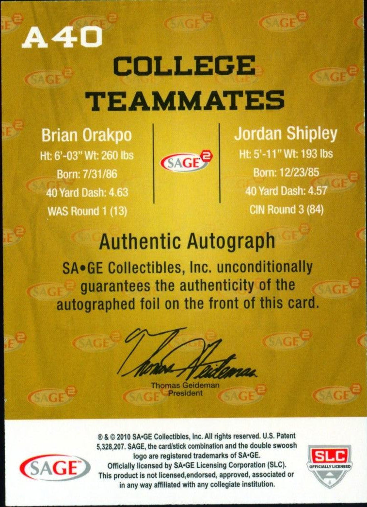 Brian Orakpo / Jordan Shipley 2010 SAGE Dual Auto Autograph RC Texas Longhorns