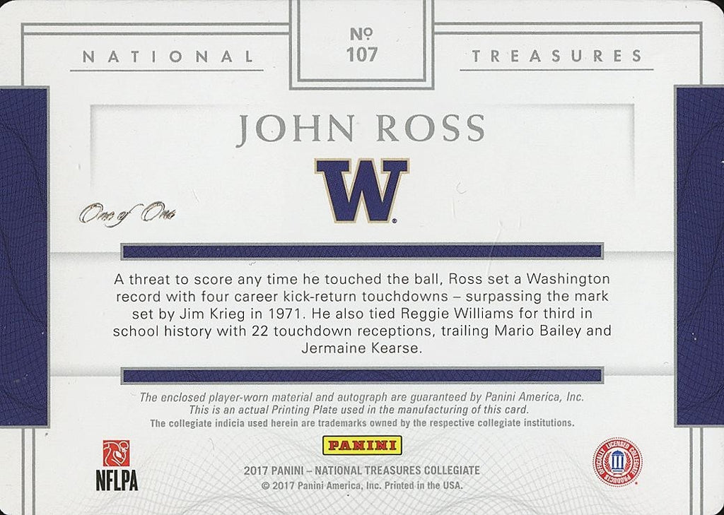 John Ross III 2017 National Treasures Auto Patch Printing Plate RC Huskies 1/1