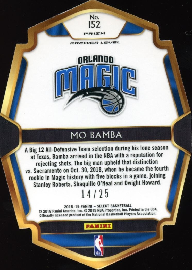 Mo Bamba 2018-19 Select Tie-Dye Prizm Die-Cut Rookie RC Orlando Magic 14/25
