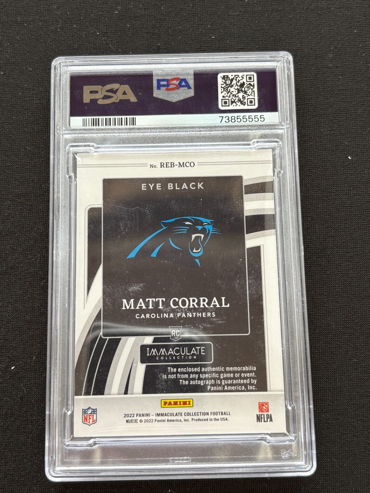 Matt Corral 2022 Immaculate Eye Black Auto Autograph RC Panthers 25/25 PSA 8