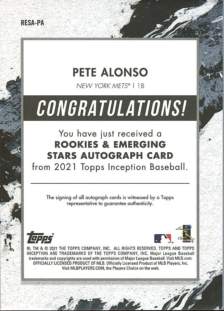 Pete Alonso 2021 Topps Inception On Card Auto Autograph New York Mets 59/75
