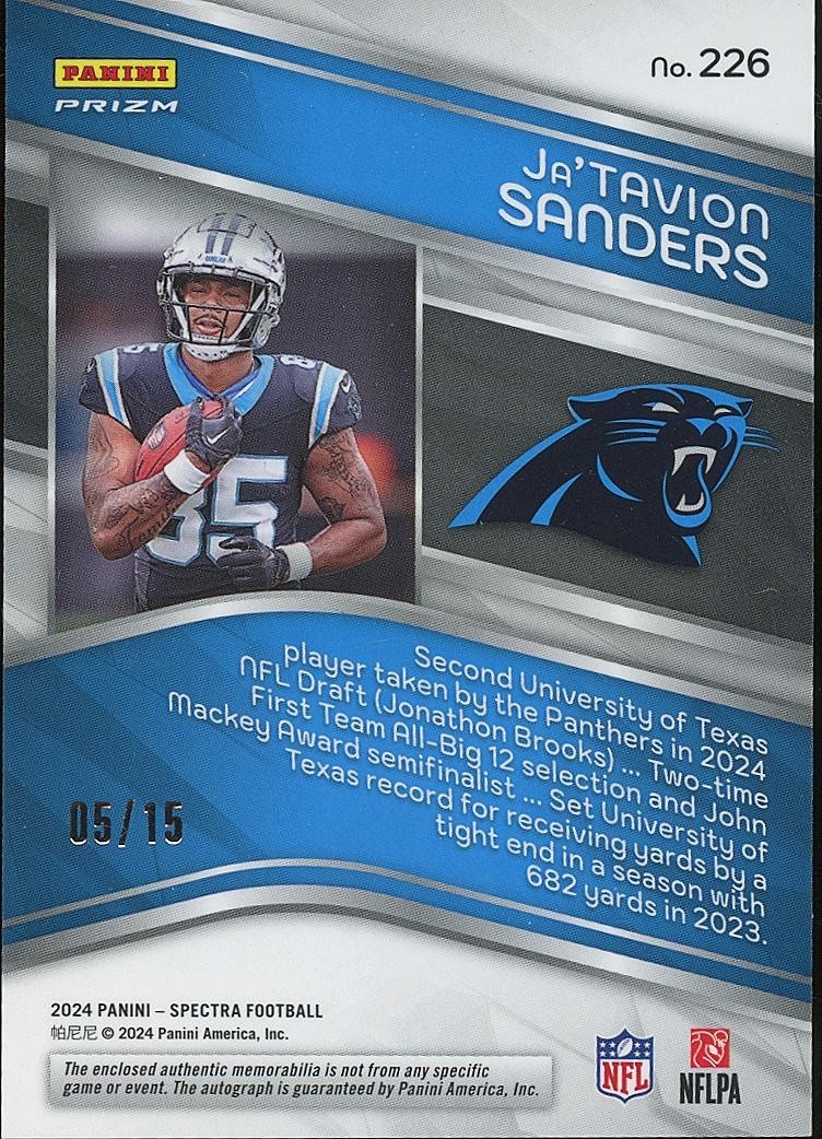 Ja'Tavion Sanders 2024 Spectra Auto Autograph Patch RC Carolina Panthers 5/15