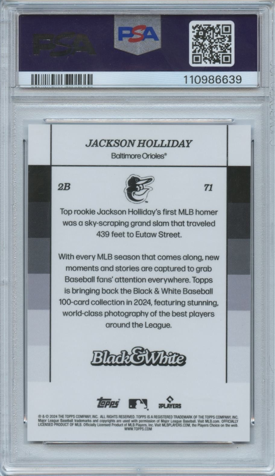 Jackson Holliday 2024 Topps Black & White Purple Rookie RC Orioles 20/25 PSA 10