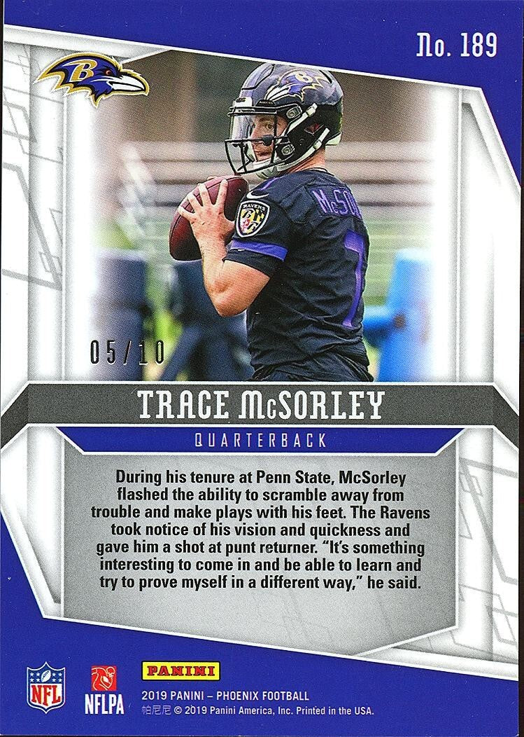 Trace Mcsorley 2019 Phoenix Black SSP Rookie RC Baltimore Ravens 5/10