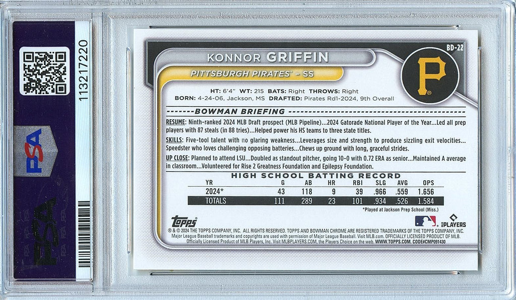 Konnor Griffin 2024 Bowman 1st GOLD Rookie RC Pittsburgh Pirates 2/50 PSA 9