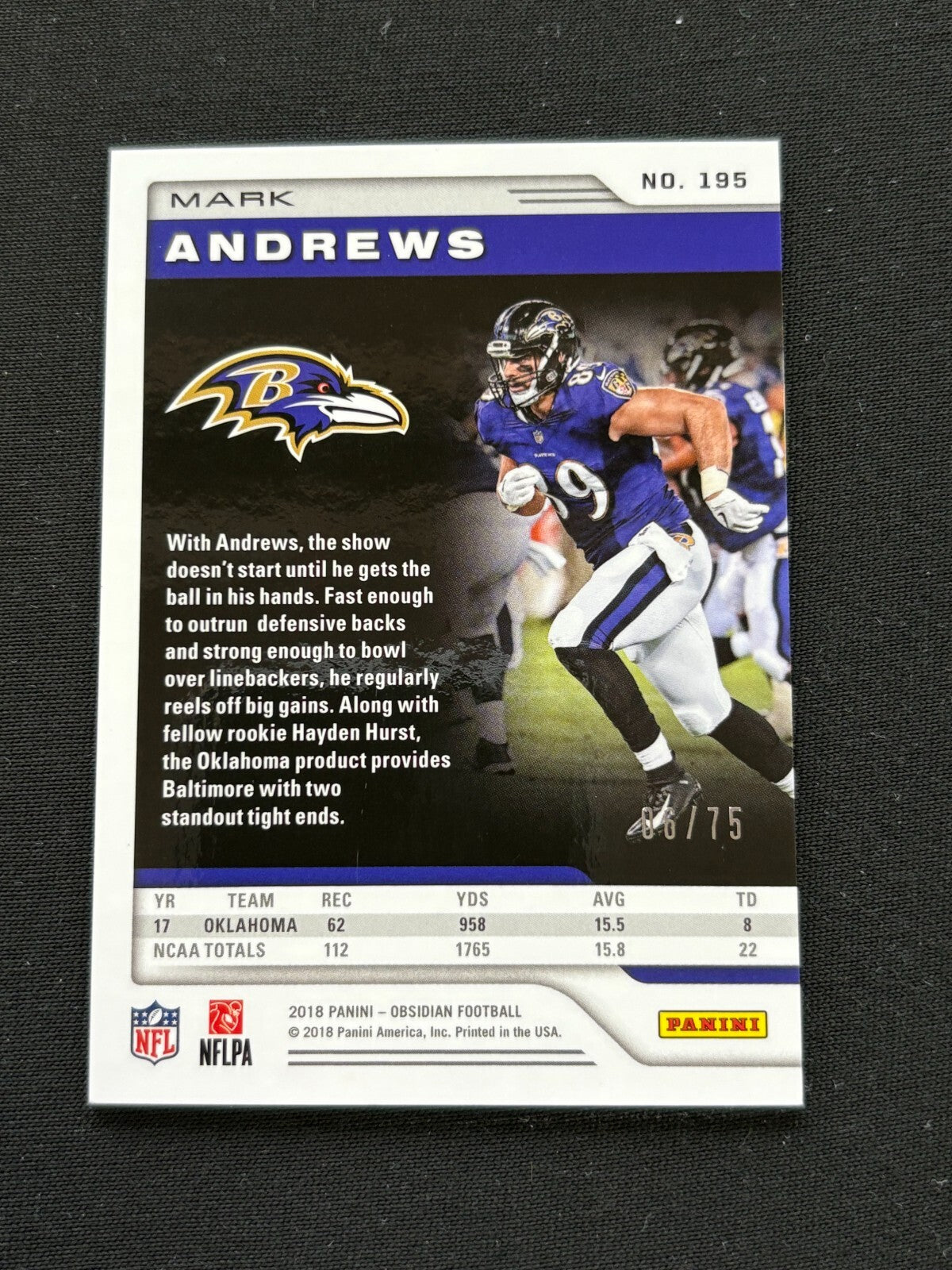 Mark Andrews 2018 Obsidian Pink Rookie RC Sooners Baltimore Ravens 6/75