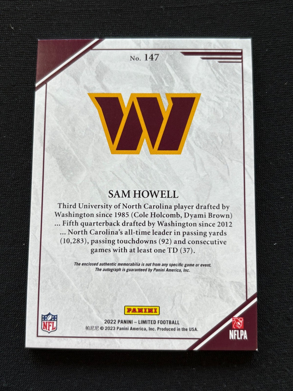 Sam Howell 2022 Limited Auto Autograph 3 Color Patch Rookie RC Commanders 75/75