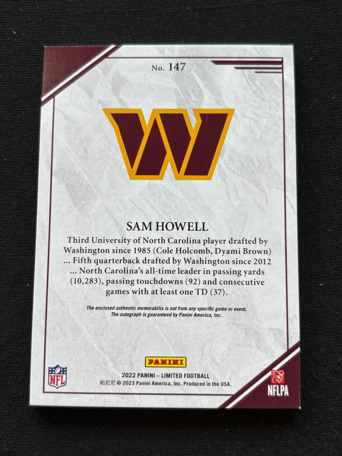 Sam Howell 2022 Limited Auto Autograph 3 Color Patch Rookie RC Commanders 75/75