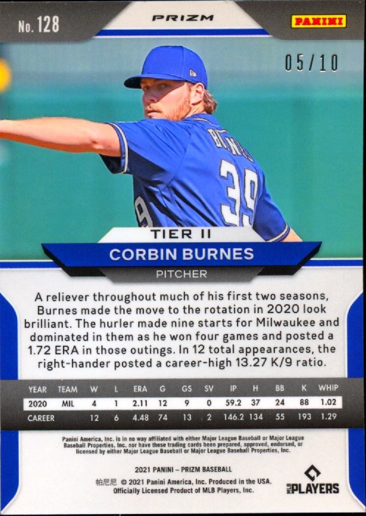 Corbin Burnes 2021 Prizm GOLD Prizm Milwaukee Brewers 5/10 #128