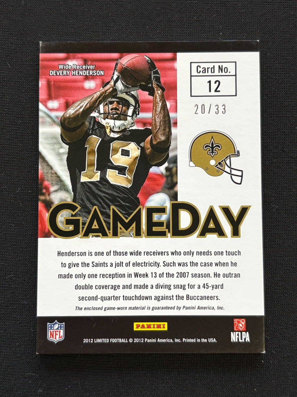 Devery Henderson 2012 Limited Game Used LOGO Patch New Orleans Saints