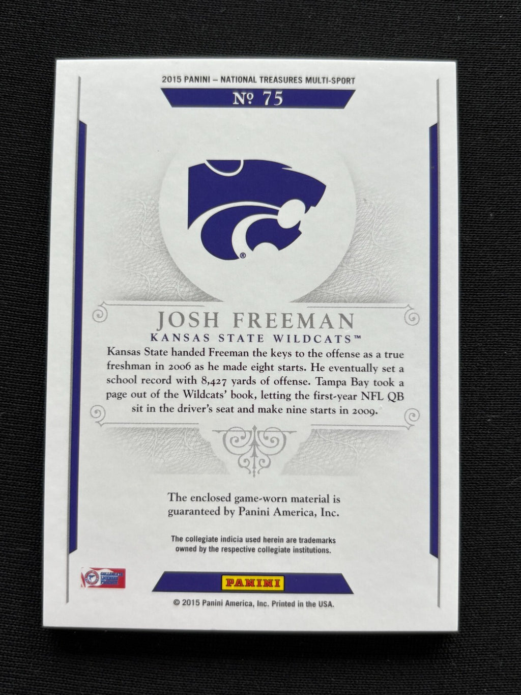 Josh Freeman 2015 National Treasures Game Worn Patch Kansas State Wildcats 5/49