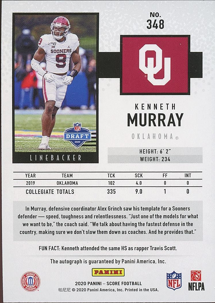 Kenneth Murray 2020 Score Red Zone Auto Autograph RC Oklahoma Sooners 11/20
