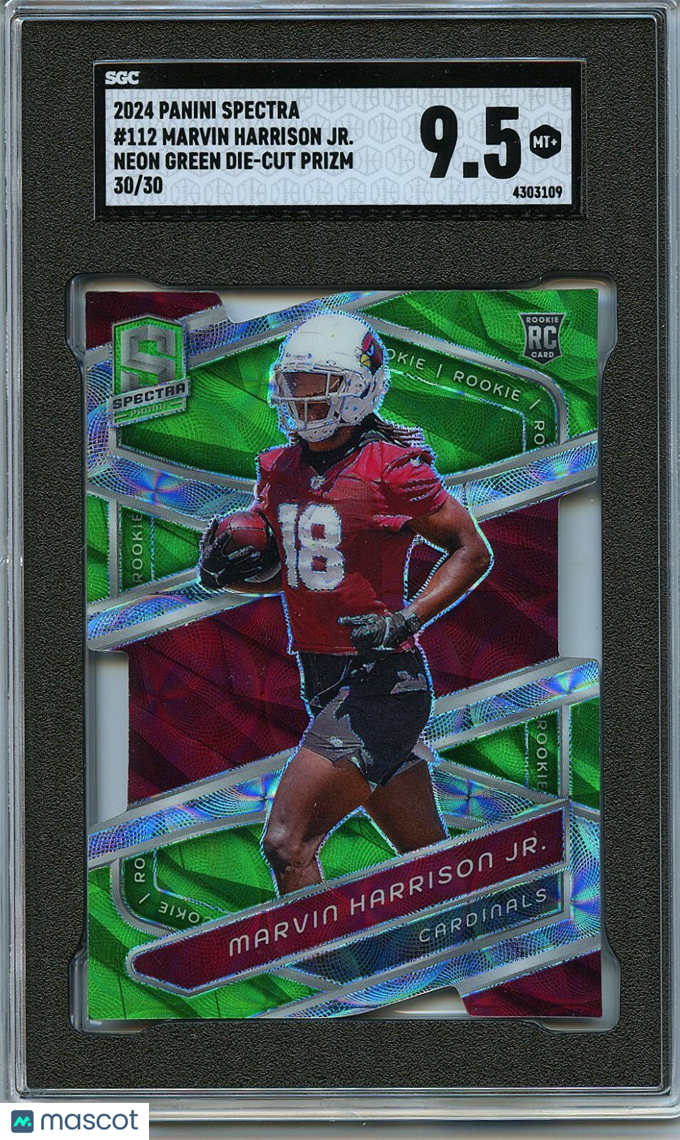 Marvin Harrison Jr. 2024 Spectra Neon Green Prizm Rookie Cardinals 30/30 SGC 9.5