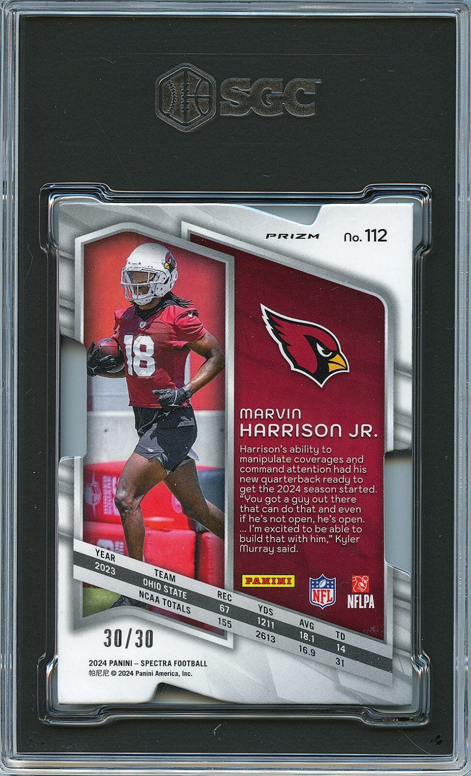 Marvin Harrison Jr. 2024 Spectra Neon Green Prizm Rookie Cardinals 30/30 SGC 9.5