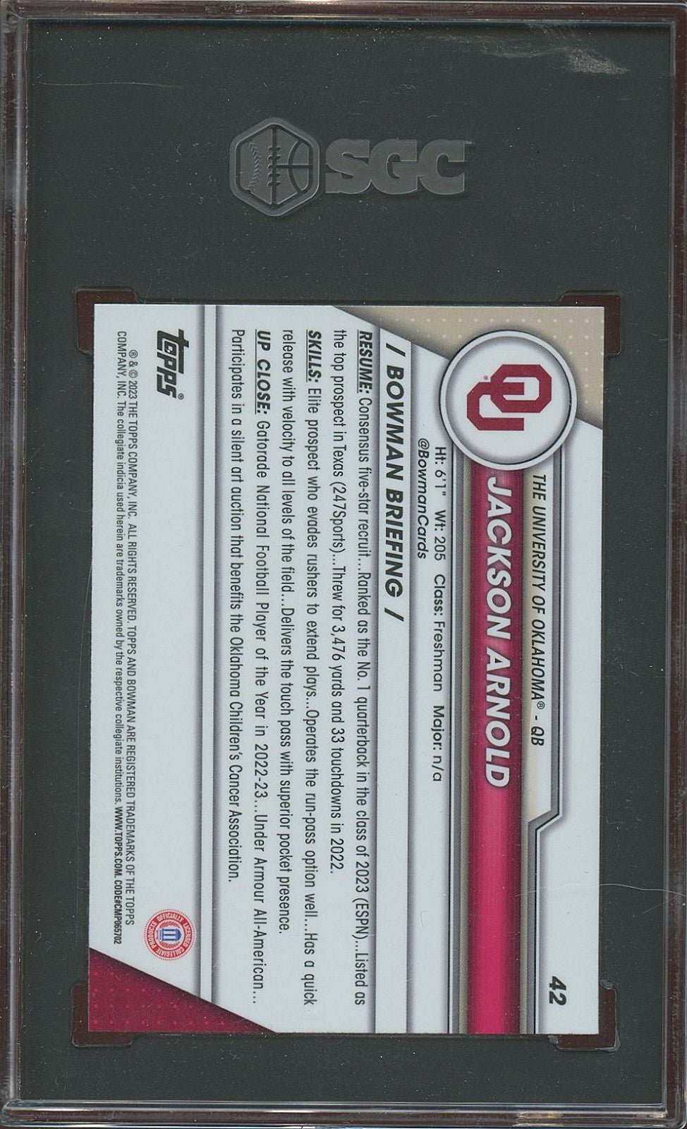 Jackson Arnold 2023 Bowman Chrome Variation SSP RC Oklahoma Sooners SGC 10