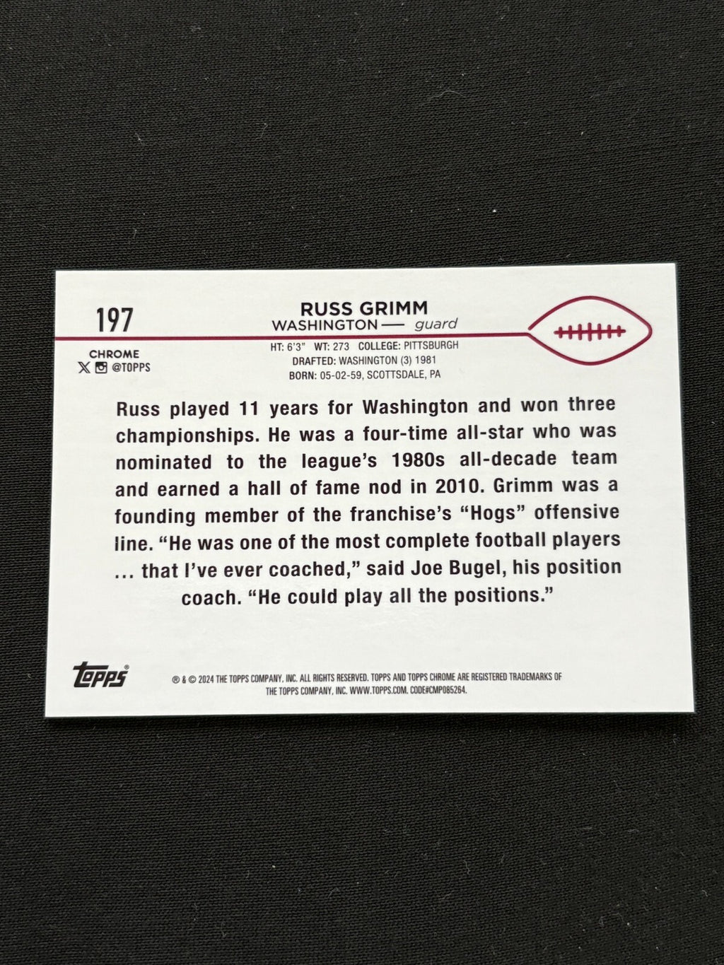 Russ Grimm 2024 Topps Chrome GOLD Refractor Washington Redskins 45/50 #197