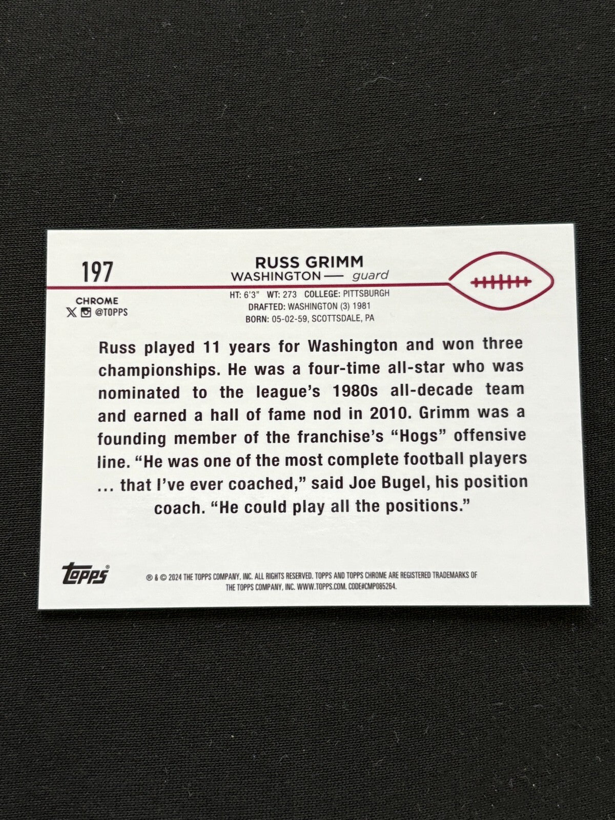 Russ Grimm 2024 Topps Chrome GOLD Refractor Washington Redskins 45/50 #197