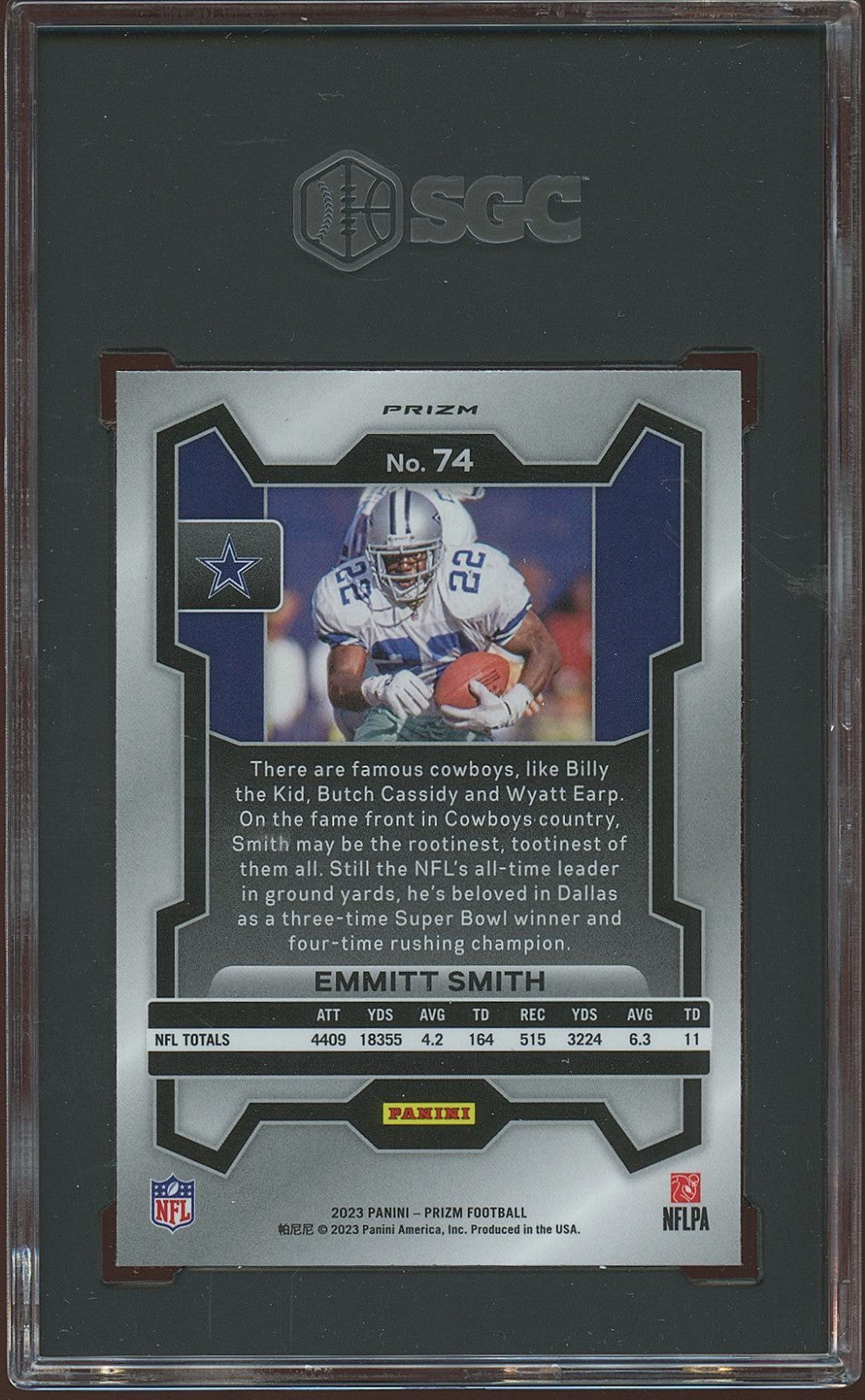 Emmitt Smith 2023 Prizm Black & White Checker Prizm SSP Dallas Cowboys SGC 10