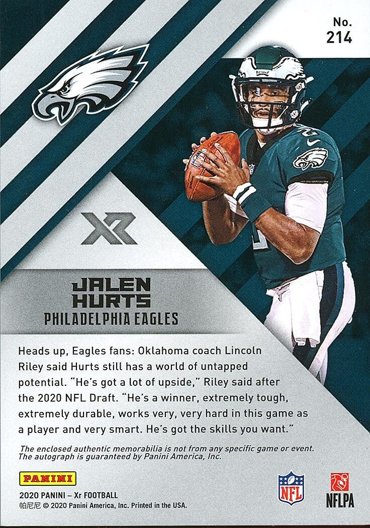 Jalen Hurts 2020 XR Auto Autograph Patch Rookie RC Philadelphia Eagles 20/49