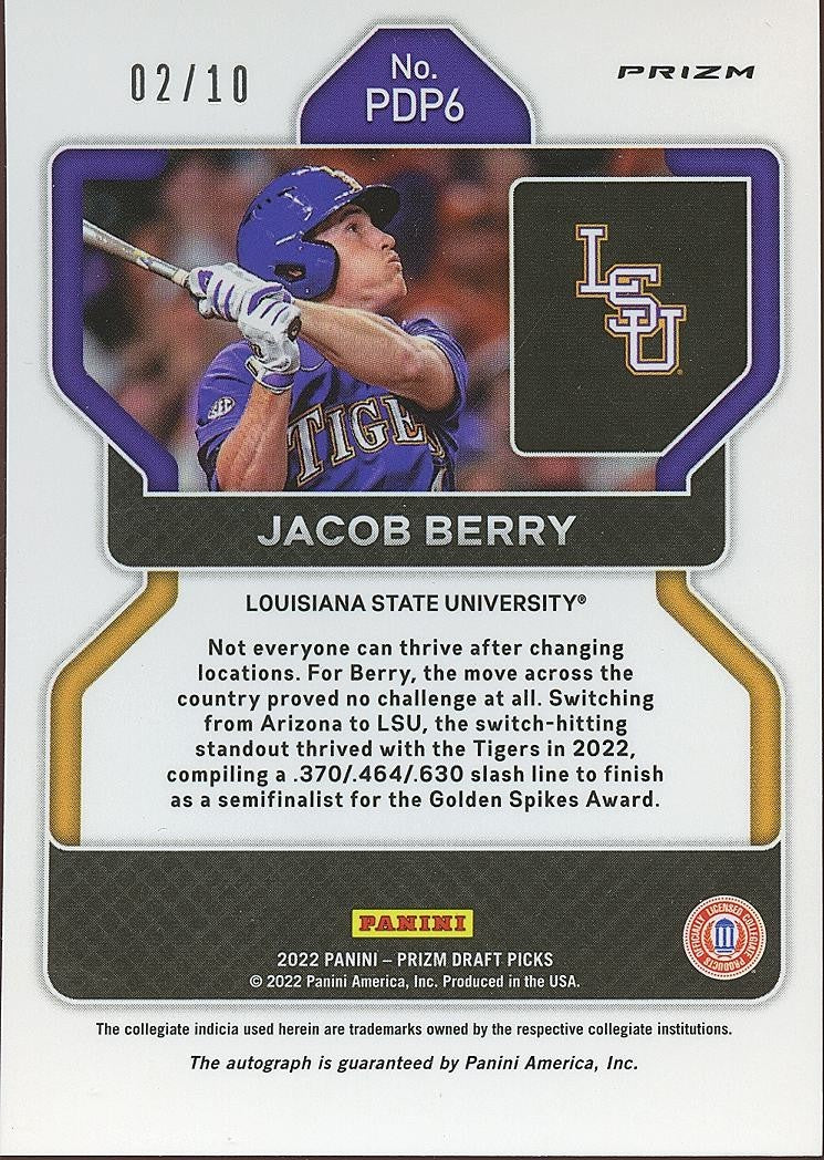 Jacob Berry 2022 Prizm Draft GOLD Prizm Auto Autograph RC LSU Tigers 2/10