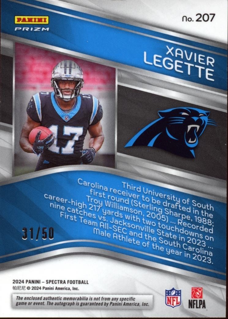 Xavier Legette 2024 Spectra Auto Autograph Patch RC Carolina Panthers 31/50