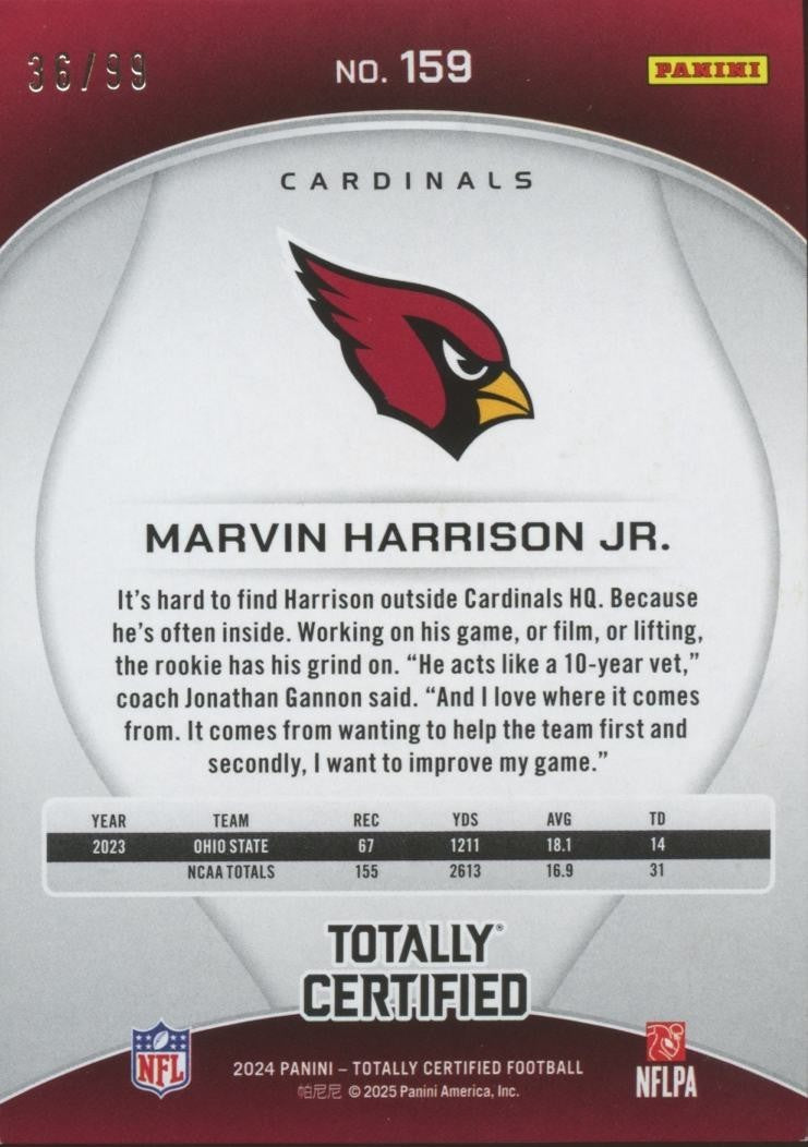 Marvin Harrison Jr. 2024 Totally Certified Orange Rookie RC Cardinals 36/99
