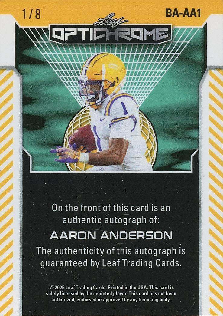Aaron Anderson 2025 Leaf Optichrome Auto Autograph JERSEY NUMBER LSU Tigers 1/8