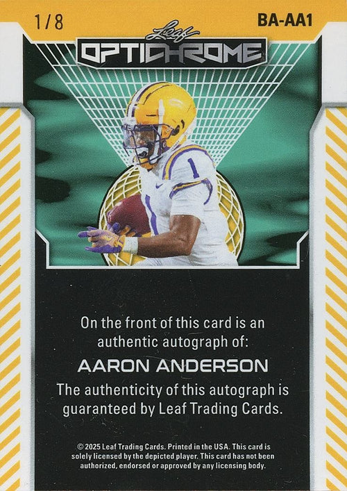 Aaron Anderson 2025 Leaf Optichrome Auto Autograph JERSEY NUMBER LSU Tigers 1/8