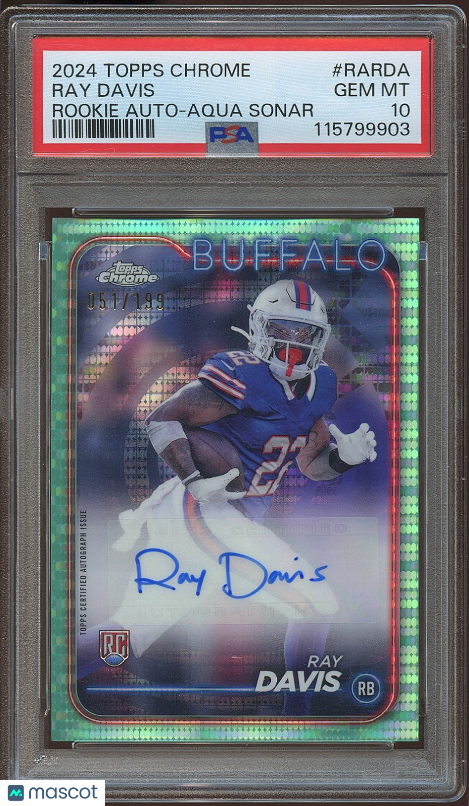 Ray Davis 2024 Topps Chrome Aqua Sonar Auto Autograph RC Bills 51/199 PSA 10