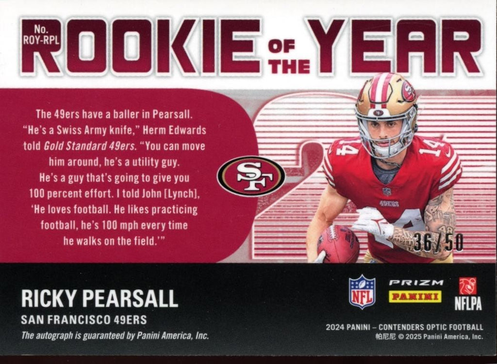 Ricky Pearsall 2024 Contenders Optic Auto Autograph RC San Francisco 49ers 36/50