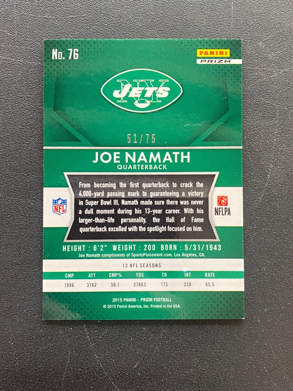 Joe Namath 2015 Prizm Green Ice Prizm New York Jets #76 51/75