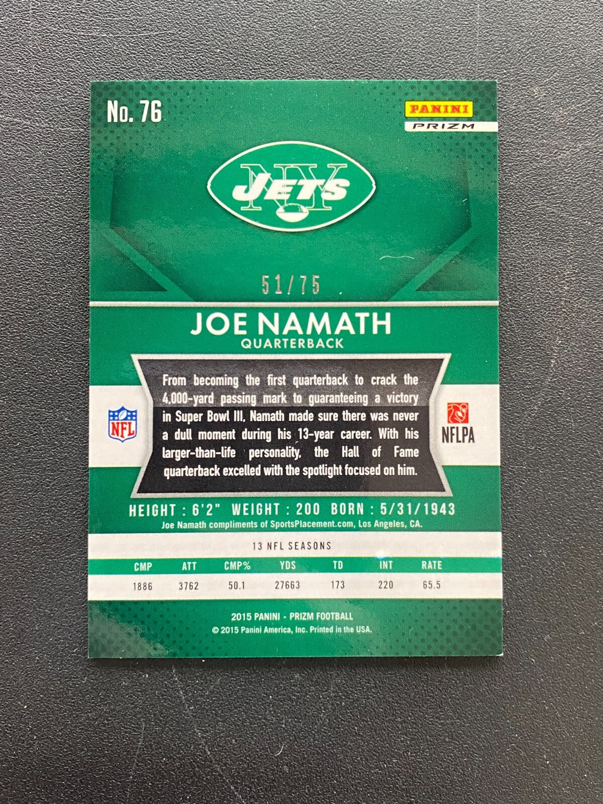 Joe Namath 2015 Prizm Green Ice Prizm New York Jets #76 51/75