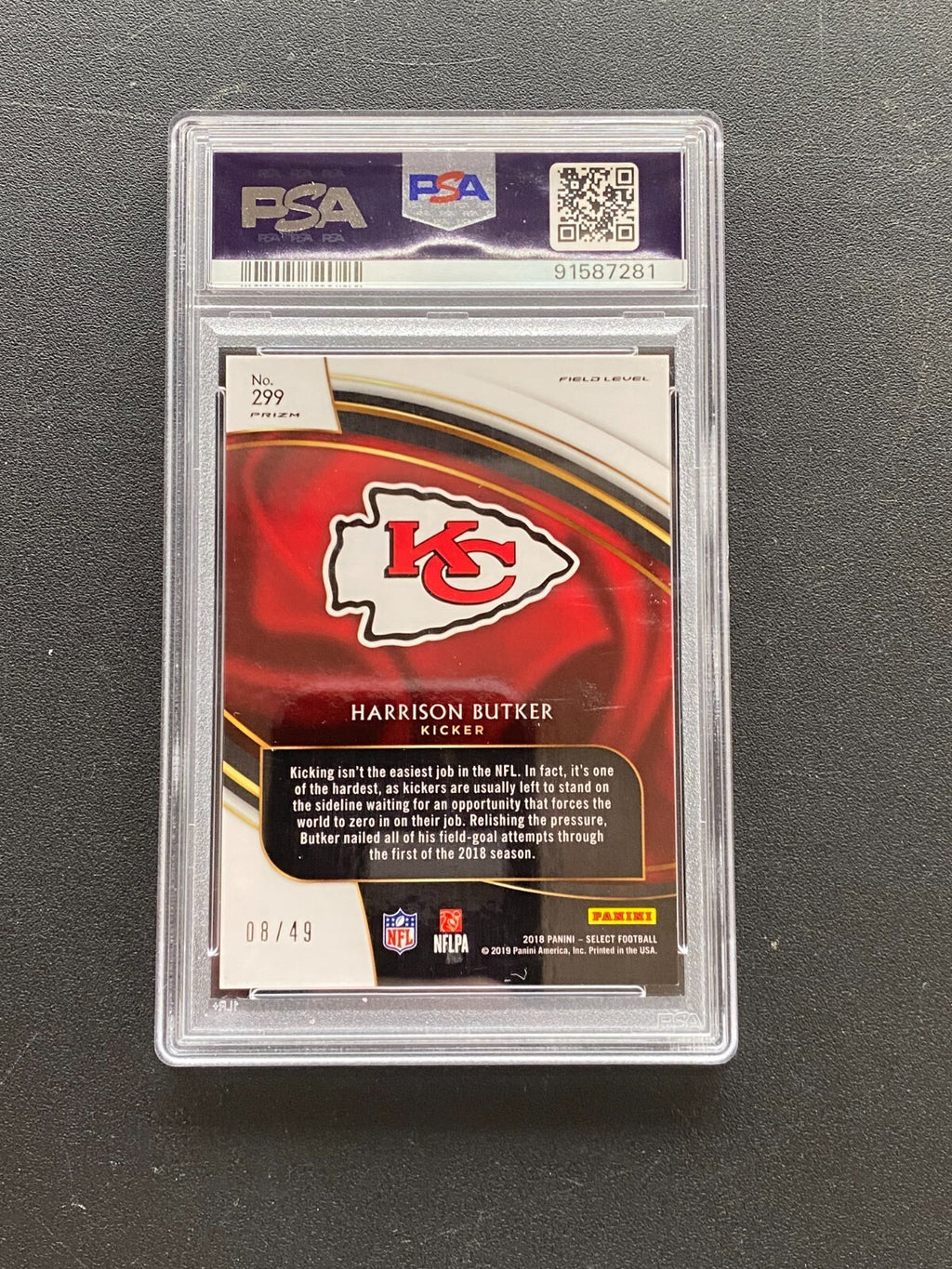 Harrison Butker 2018 Select Field Level Red Prizm RC Rookie KC Chiefs 8/49 PSA 9