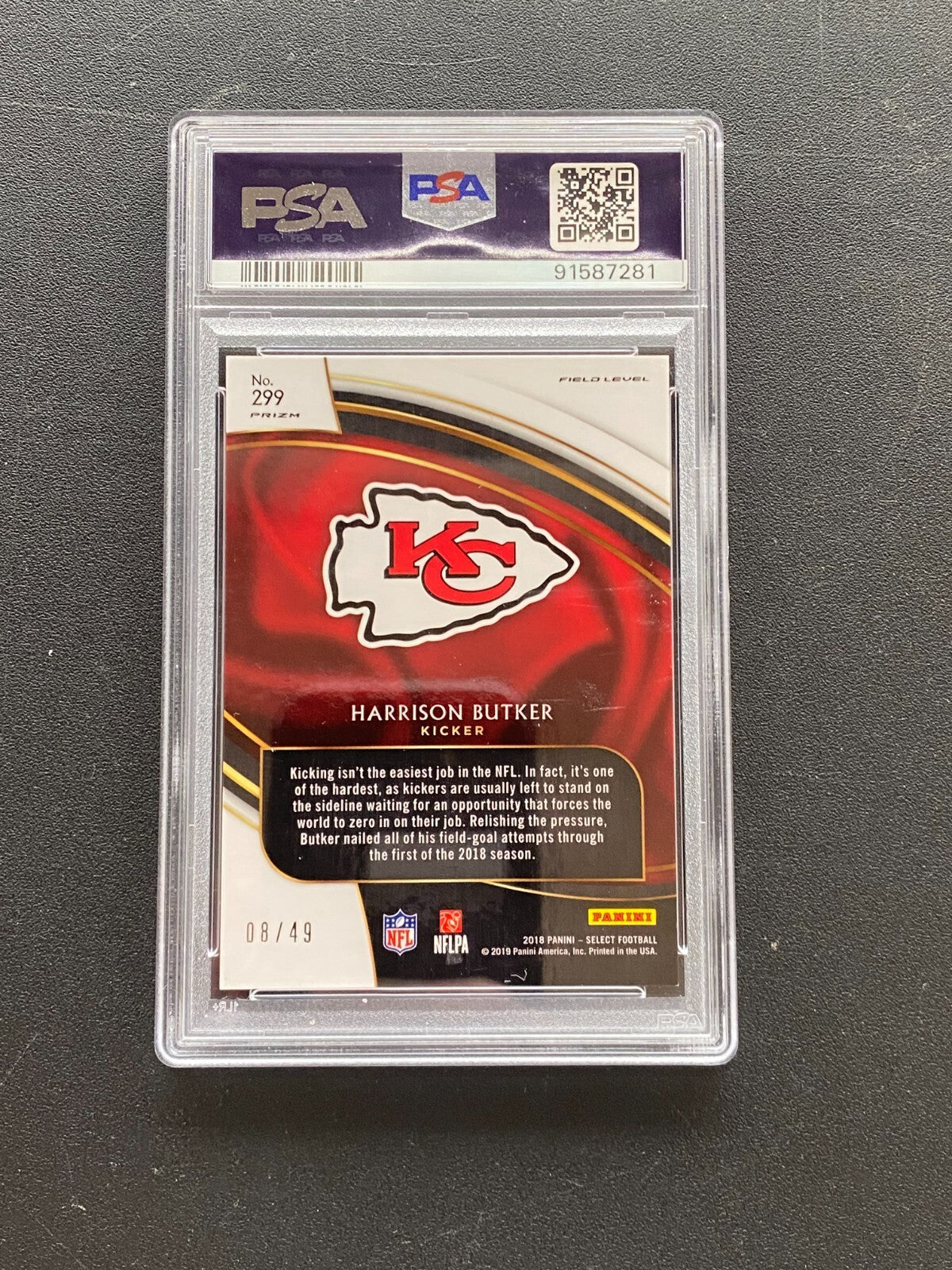Harrison Butker 2018 Select Field Level Red Prizm RC Rookie KC Chiefs 8/49 PSA 9