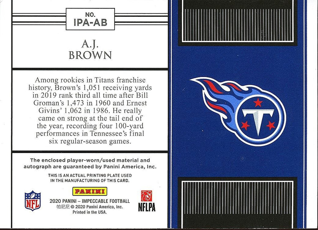 A.J. Brown 2020 Impeccable Auto Autograph Patch Tennessee Titans Eagles 66/75