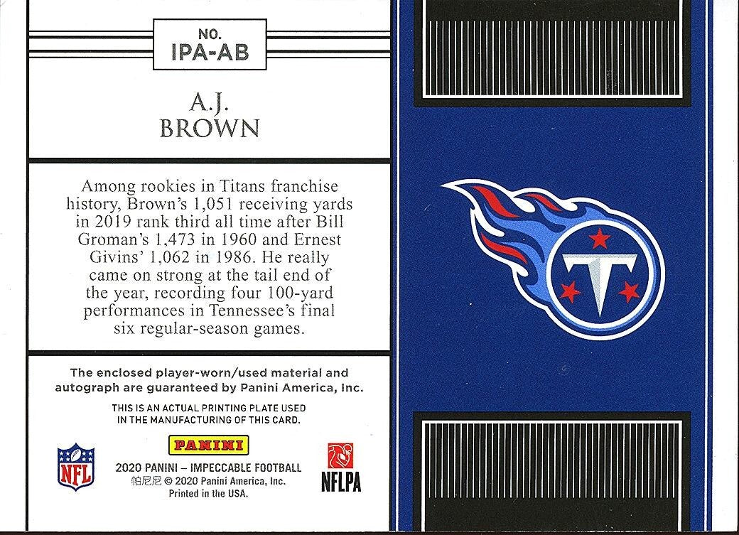 A.J. Brown 2020 Impeccable Auto Autograph Patch Tennessee Titans Eagles 66/75
