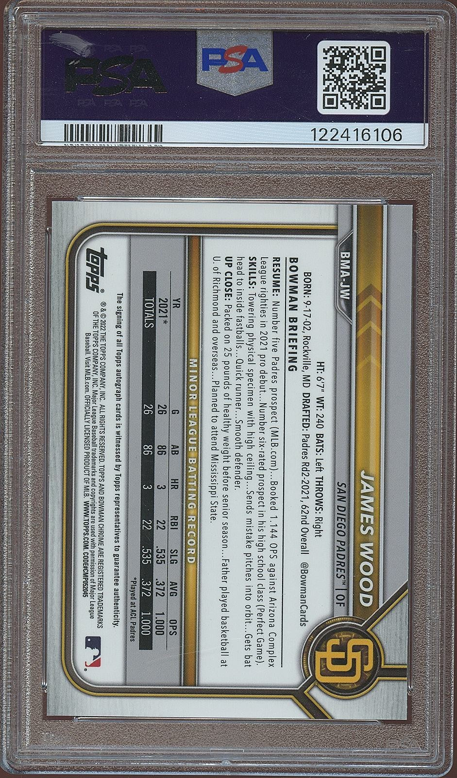 James Wood 2022 Bowman Chrome Blue Mega Box Auto Autograph Padres 71/150 PSA 10