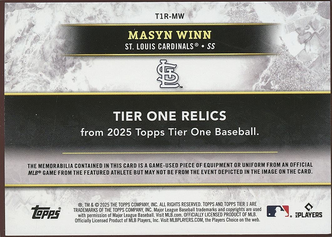 Masyn Winn 2025 Tier One Game Worn Jersey Patch St. Louis Cardinals 143/149