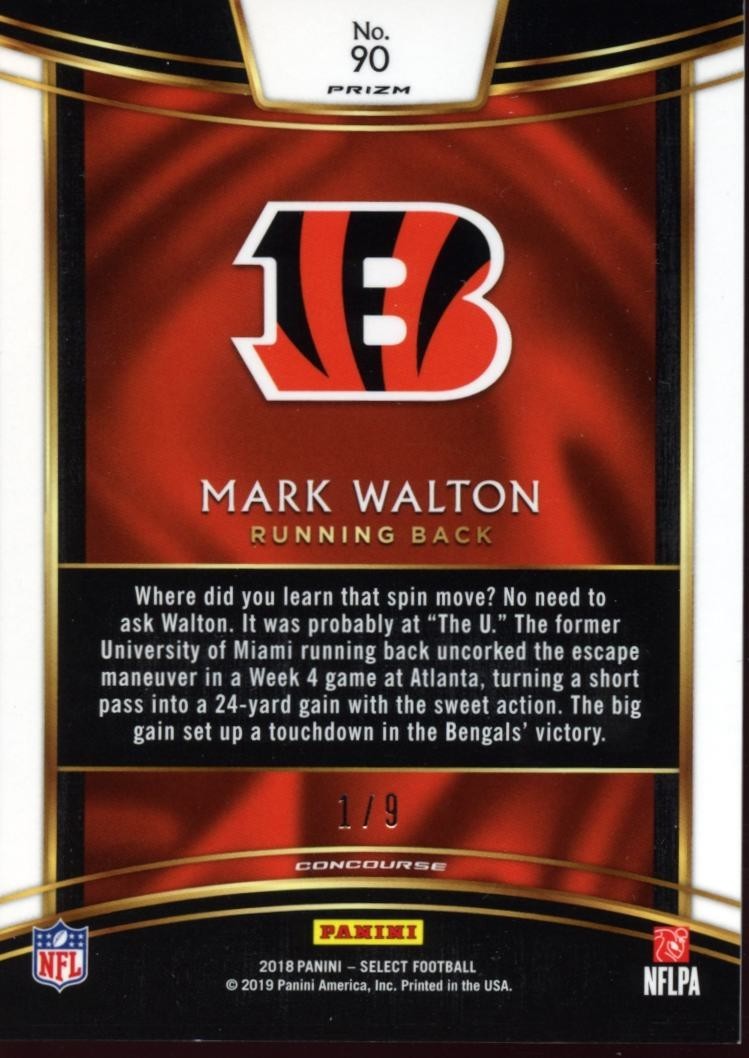 Mark Walton 2018 Select FOTL Orange Pulsar Prizm SSP RC Cincinnati Bengals 1/9