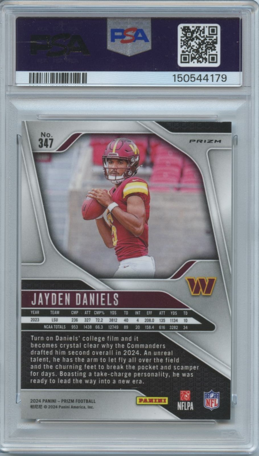Jayden Daniels 2024 Prizm Silver Prizm Rookie RC Washington Commanders PSA 9