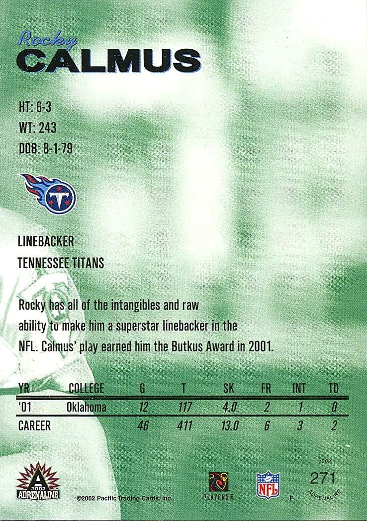 Rocky Calmus 2002 Pacific Special Rookie RC SSP Oklahoma Sooners Titans 9/10