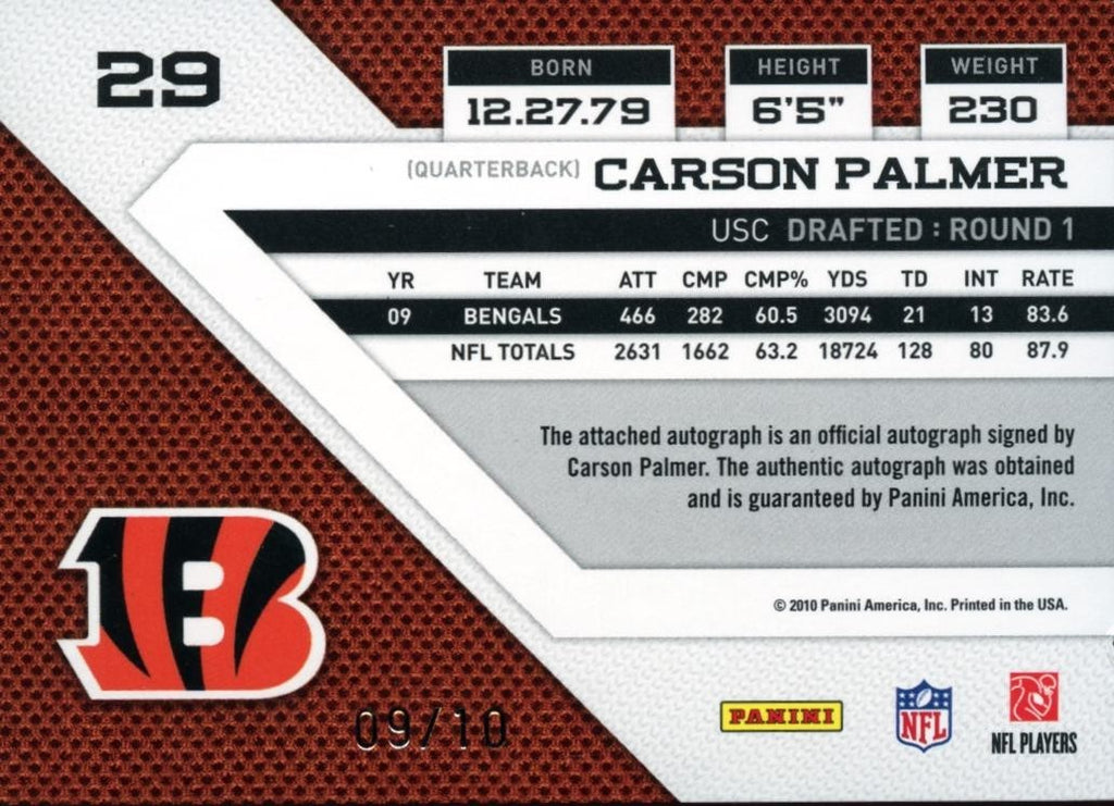 Carson Palmer 2010 Panini Threads Auto Autograph JERSEY NUMBER Bengals 9/10