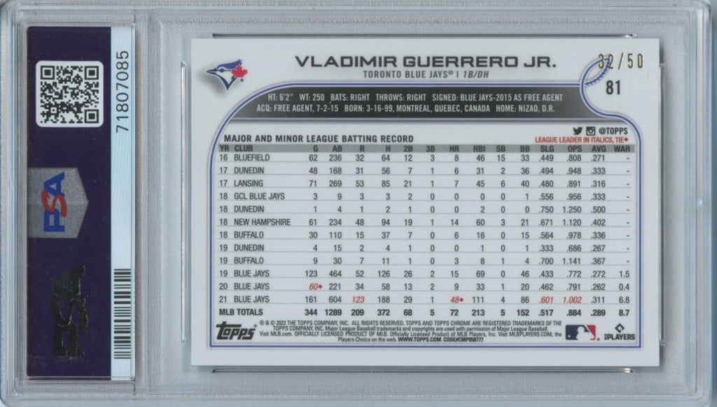 Vladimir Guerrero Jr. 2022 Ben Baller Chrome GOLD Refractor Blue Jays /50 PSA 9
