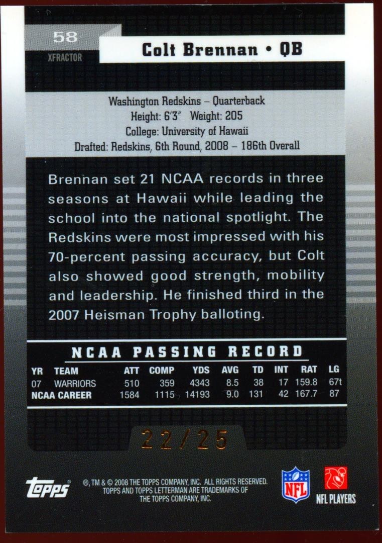 Colt Brennan 2008 Topps Letterman XFractor Rookie SSP Hawaii Redskins 22/25