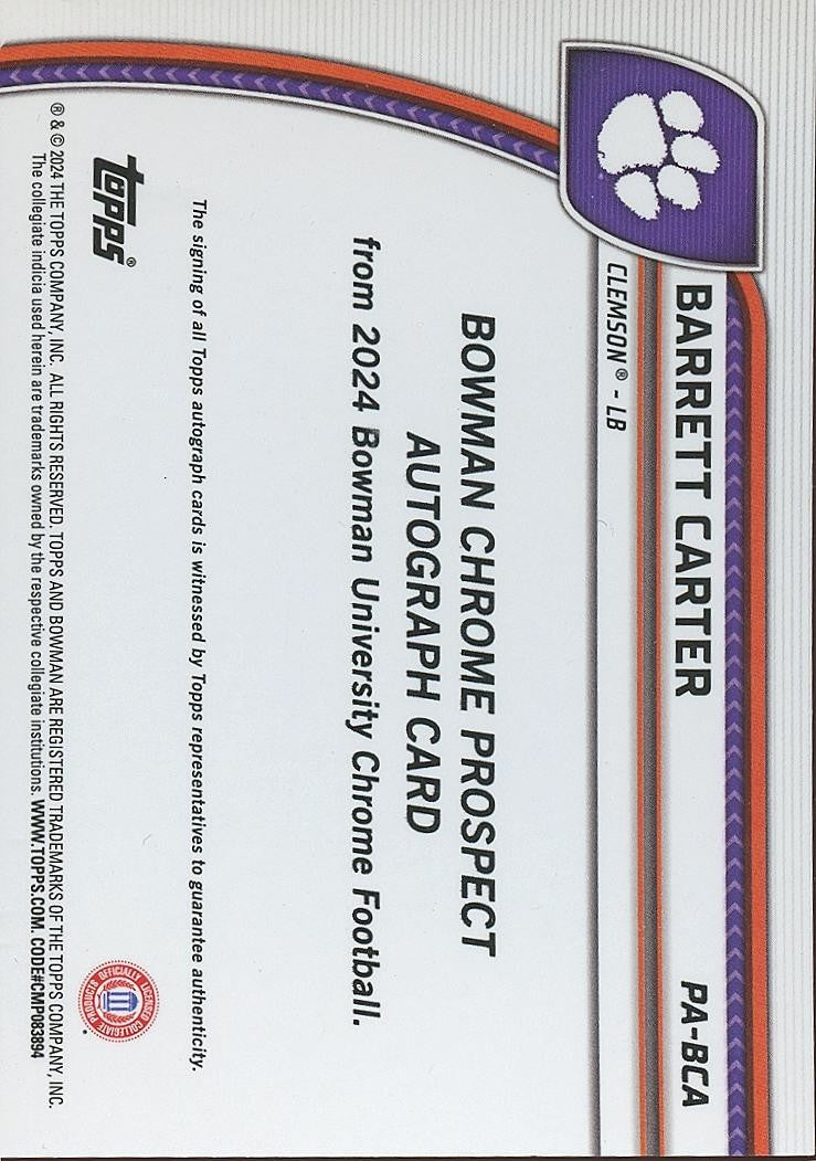 Barrett Carter 2024 Bowman Chrome Auto Autograph GOLD RC Bengals Clemson 42/50